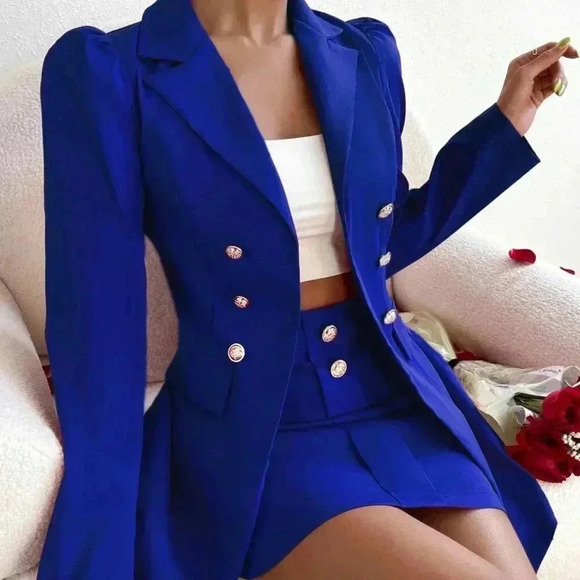 Jackets & Blazers - Royal Blue Elegant Women's Double Breasted Blazer & mini Skirt